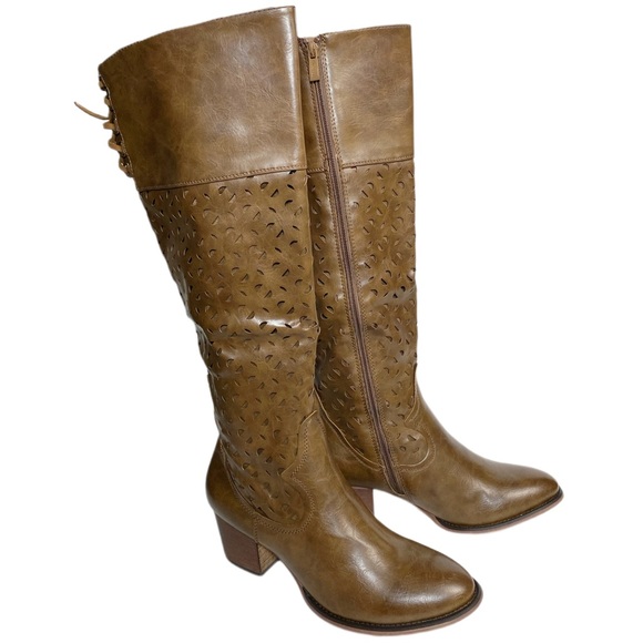 NIB Wanted Brown Heeled Knee Boot Side Zip Laser Cut-out Laced Back Faux Leather - Picture 2 of 10